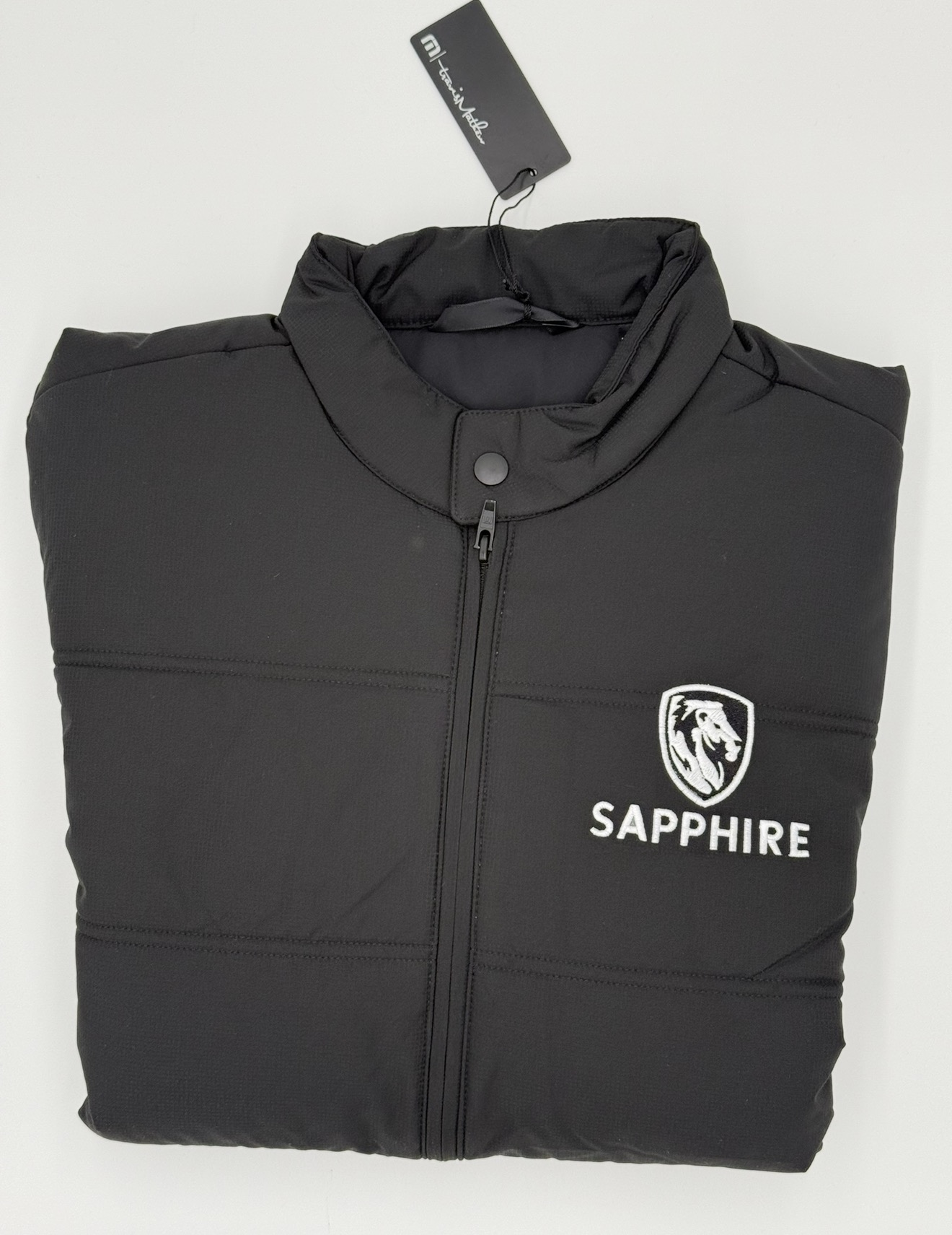 Black jacket with white Sapphire logo embroidery